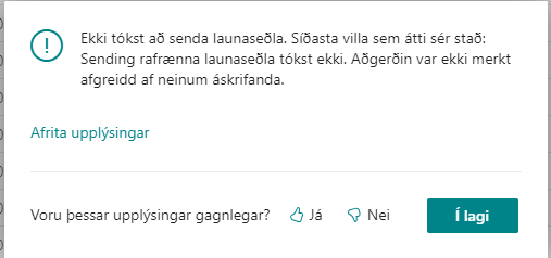 Sending launaseðla tókst ekki