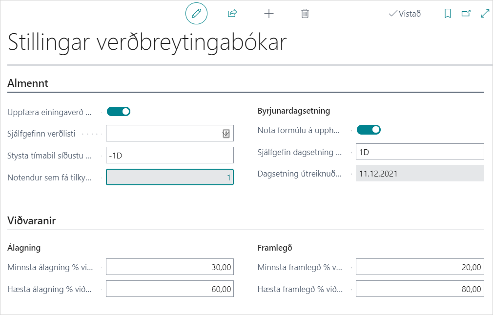 Stillingar verðbreytingabókar