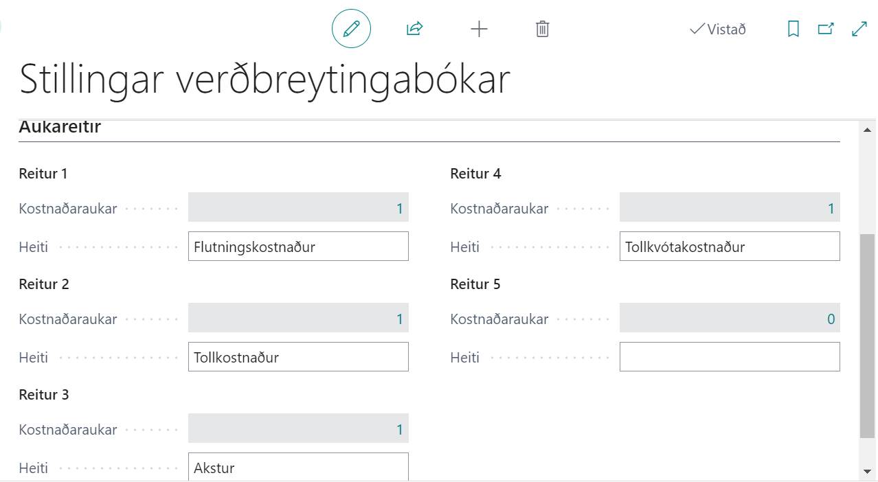 Stillingar verðbreytingabókar