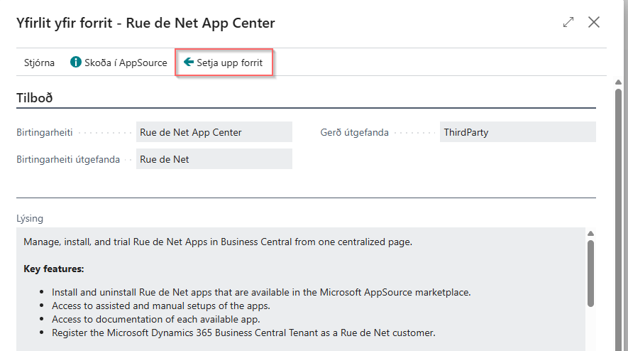 Microsoft AppSource forrit Setja upp