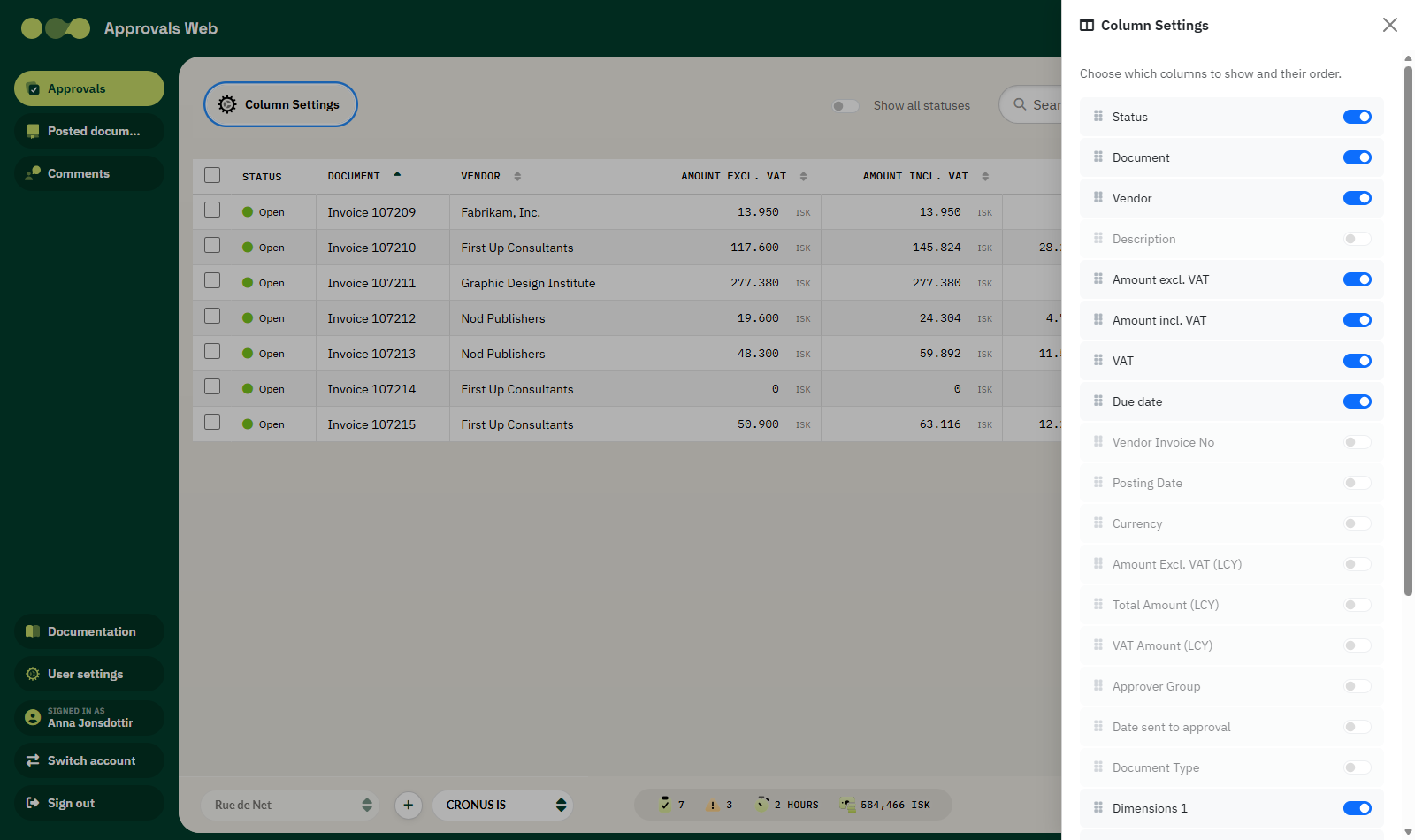 Column settings