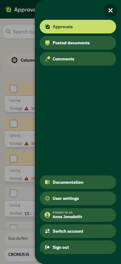 Menu on a phone