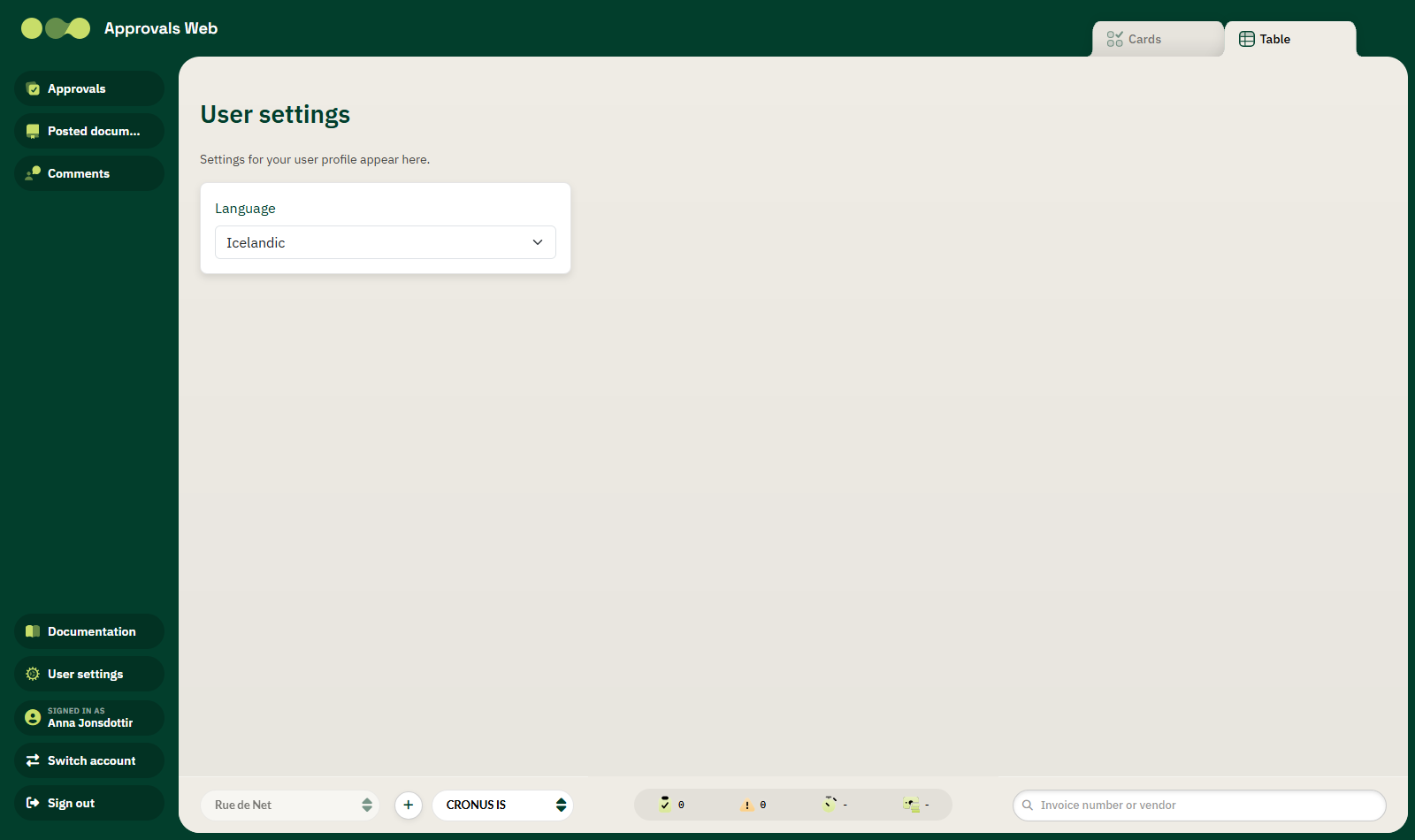 The user settings page