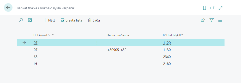Varpanir færsluflokka í bókhaldslykla alt text