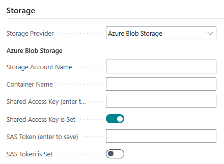 Storage set to Azure Blob Storage with relevant fields