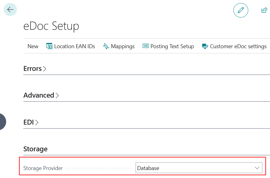 Storage Provider set to Database