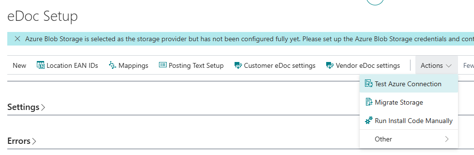 Test Azure Connection action in the menu