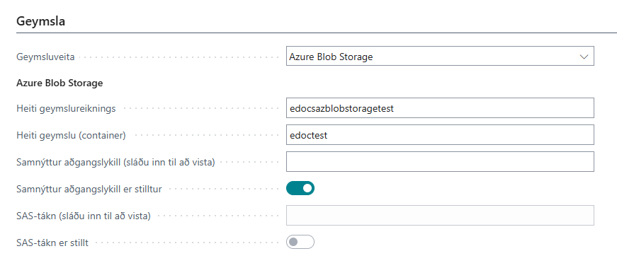 Geymsla stillt á Azure Blob Storage með viðeigandi reitum