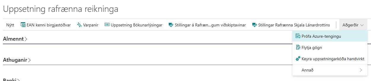 Aðgerðin Prófa Azure-tengingu í valmyndinni