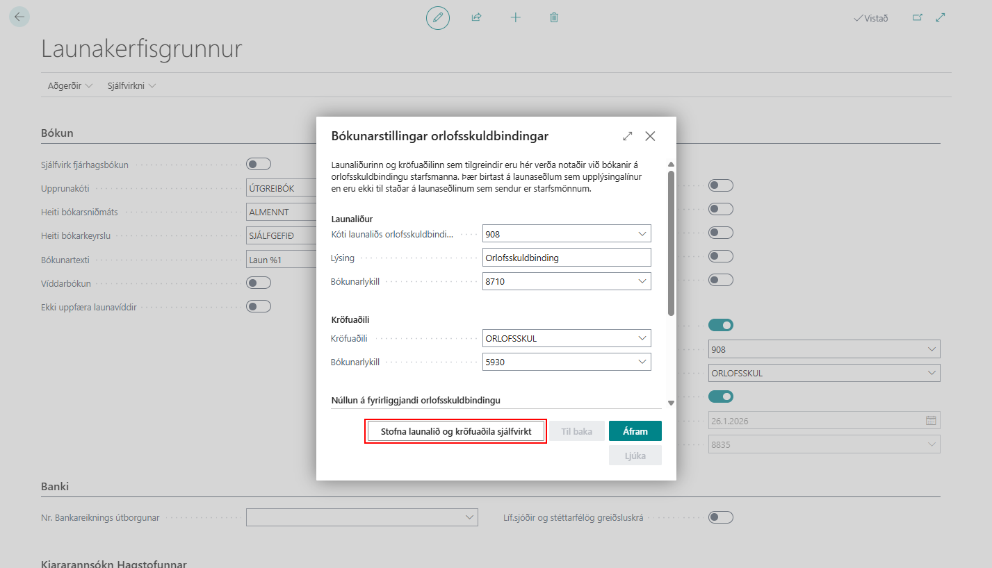 Orlofsskuldbinding Setup page
